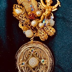 Vintage Kirk Folly Gold Brooch Cupid with Pearls Aurora stones and ornate locket